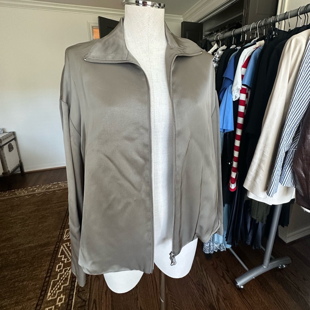 Silk boxy designer double zip grey green jacket